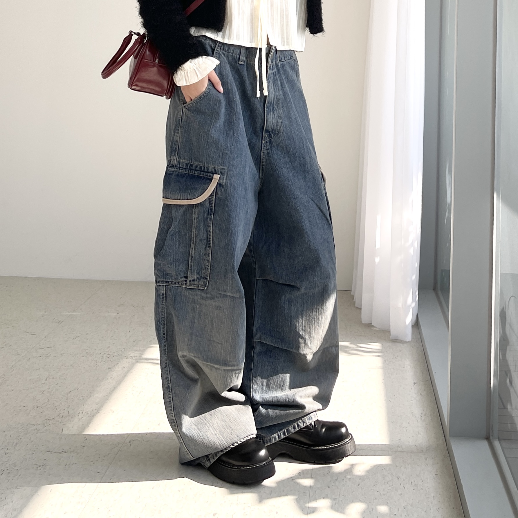 ootj 오오티제이 여성 와이드 카고청바지 벌룬핏 빅사이즈 키큰여자 해리 딥카고 데님팬츠 - 상세 이미지 2