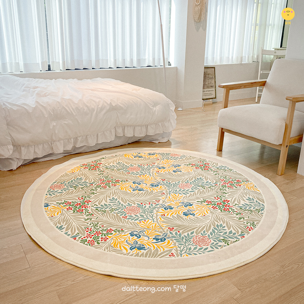 달떵 플라워 그레이 올리브 원형 러그100 북유럽 인테리어 의자 매트 카페트