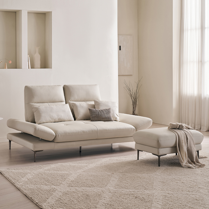 삼익가구 시그니처 천연면피 소가죽 스윙 소파 스툴포함, 아이보리, 3인용