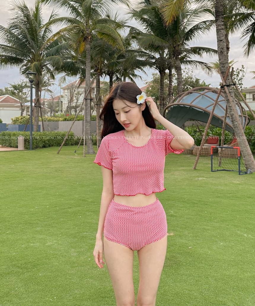 🍒진짜예쁨🍒/M-XL 체크 반팔 하이웨스트 커버업 비키니 유교걸 휴양지 투피스 빅사이즈 수영복 상세 이미지 39
