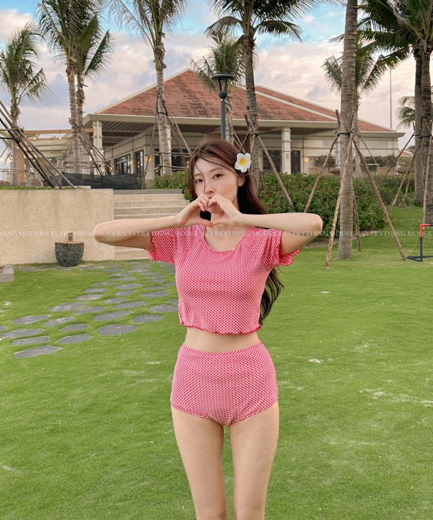 🍒진짜예쁨🍒/M-XL 체크 반팔 하이웨스트 커버업 비키니 유교걸 휴양지 투피스 빅사이즈 수영복 상세 이미지 13