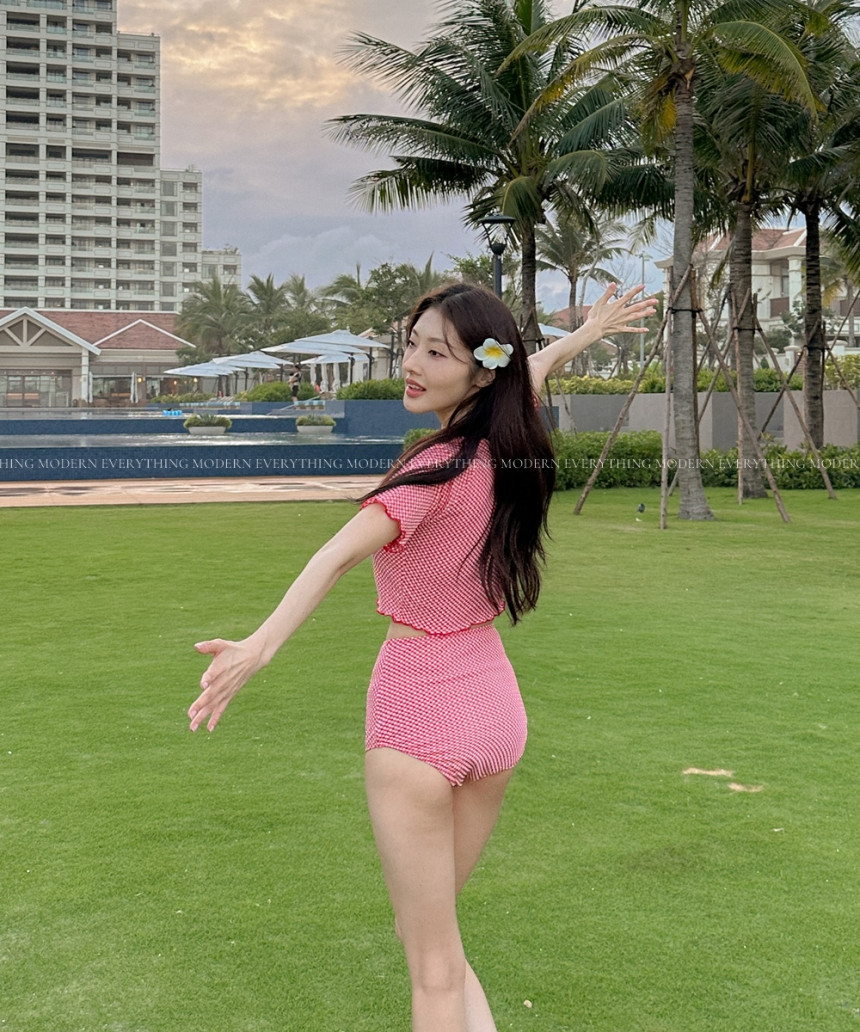 🍒진짜예쁨🍒/M-XL 체크 반팔 하이웨스트 커버업 비키니 유교걸 휴양지 투피스 빅사이즈 수영복 상세 이미지 23