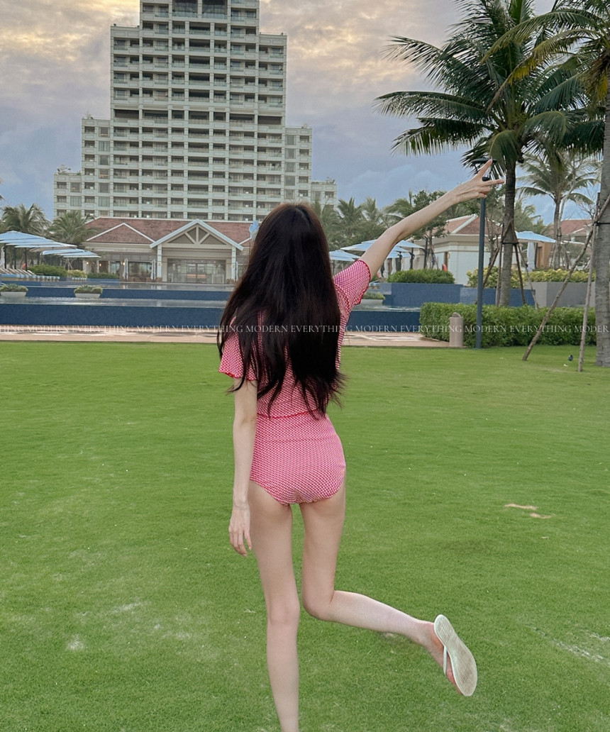 🍒진짜예쁨🍒/M-XL 체크 반팔 하이웨스트 커버업 비키니 유교걸 휴양지 투피스 빅사이즈 수영복 상세 이미지 22