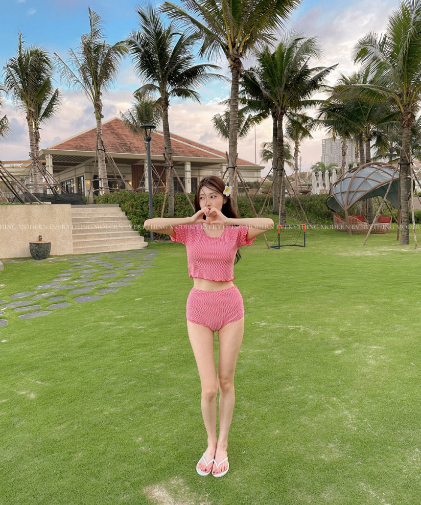 🍒진짜예쁨🍒/M-XL 체크 반팔 하이웨스트 커버업 비키니 유교걸 휴양지 투피스 빅사이즈 수영복 상세 이미지 14