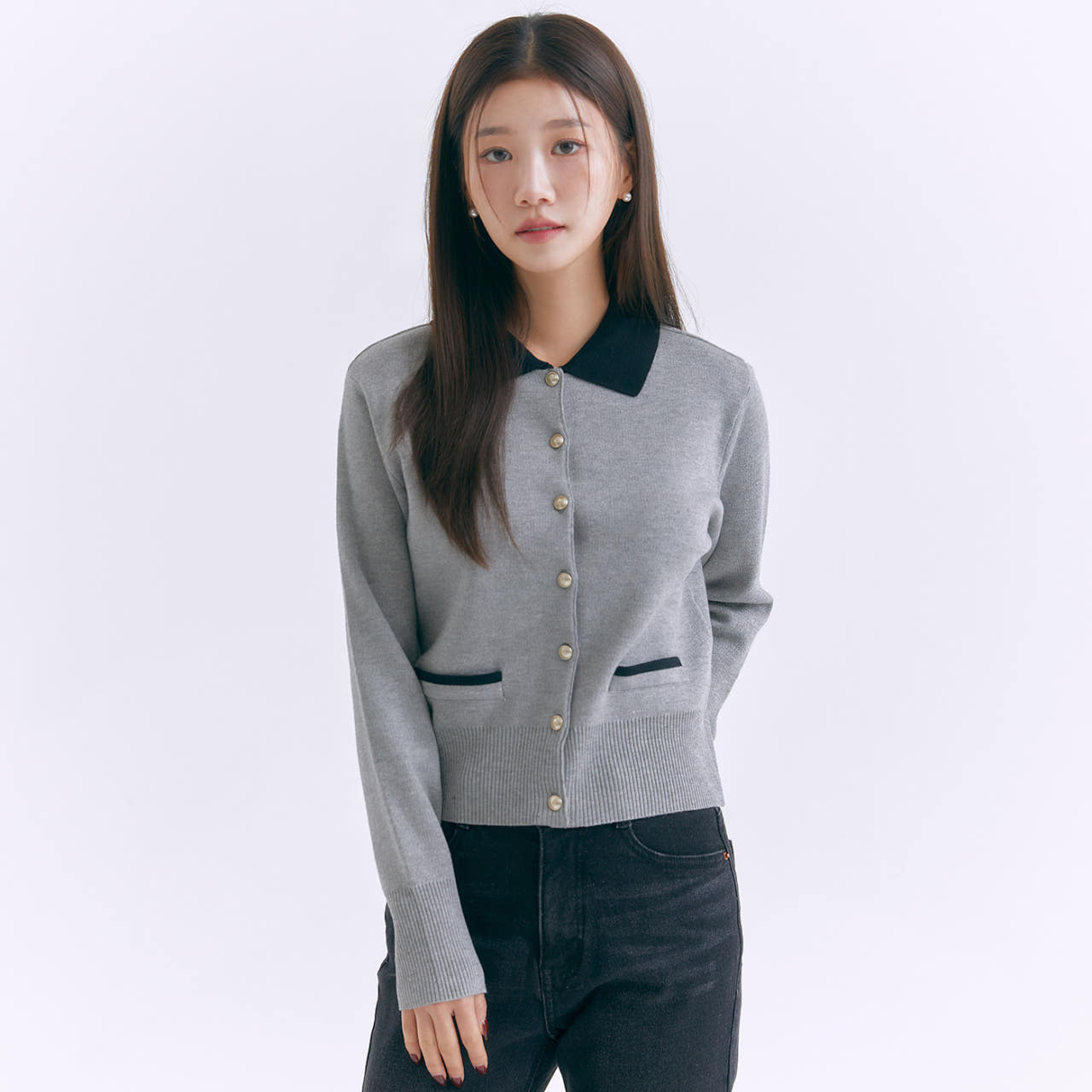 로엠 배색 카라 가디건 추가 이미지