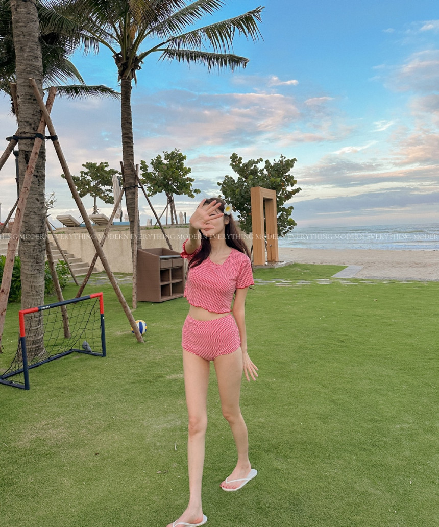 🍒진짜예쁨🍒/M-XL 체크 반팔 하이웨스트 커버업 비키니 유교걸 휴양지 투피스 빅사이즈 수영복 상세 이미지 28