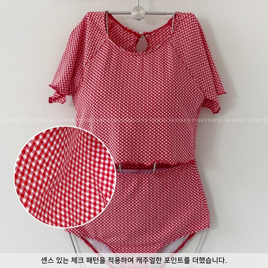 🍒진짜예쁨🍒/M-XL 체크 반팔 하이웨스트 커버업 비키니 유교걸 휴양지 투피스 빅사이즈 수영복 상세 이미지 50