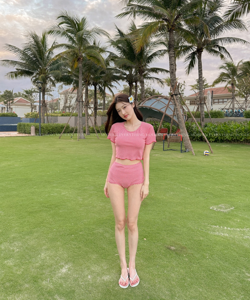 🍒진짜예쁨🍒/M-XL 체크 반팔 하이웨스트 커버업 비키니 유교걸 휴양지 투피스 빅사이즈 수영복 상세 이미지 40