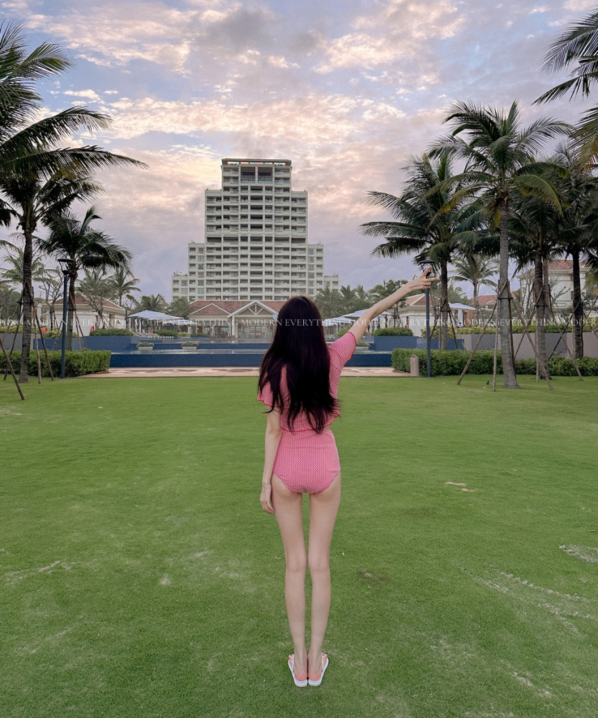 🍒진짜예쁨🍒/M-XL 체크 반팔 하이웨스트 커버업 비키니 유교걸 휴양지 투피스 빅사이즈 수영복 상세 이미지 21