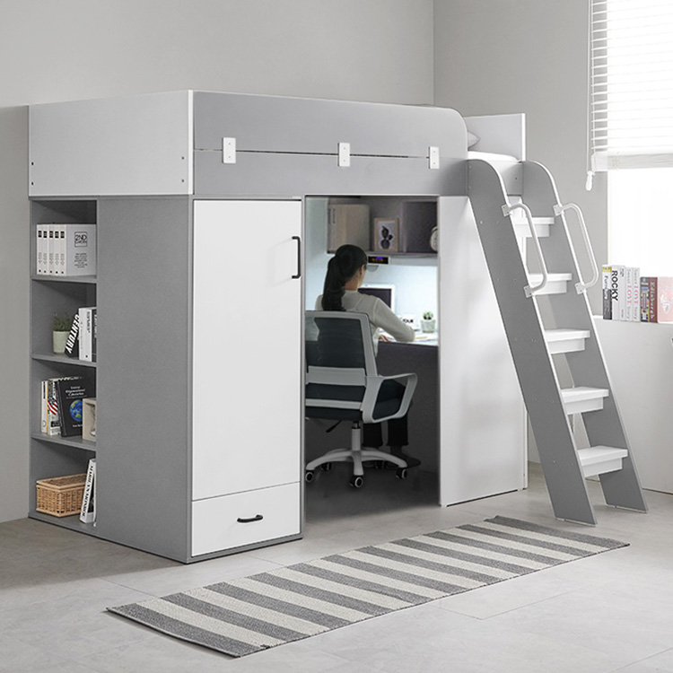 e스마트 올인원 2층 성인 책장형 벙커침대 세트SS+LED스탠드포함