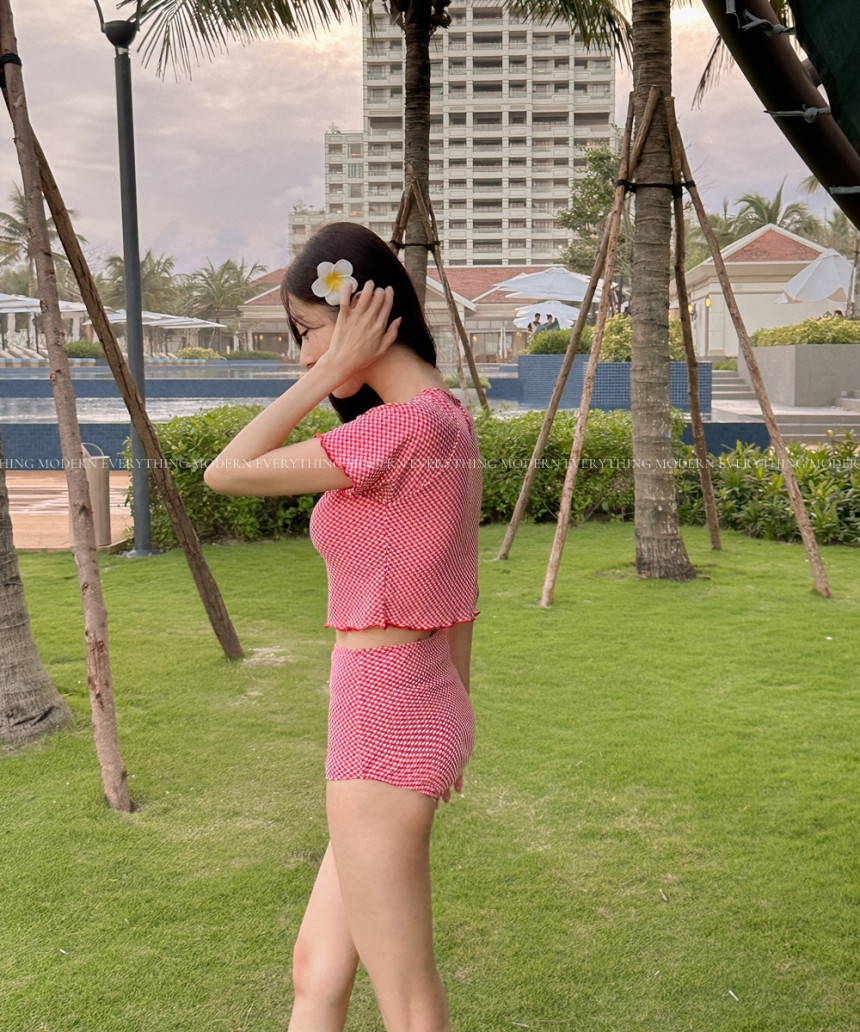 🍒진짜예쁨🍒/M-XL 체크 반팔 하이웨스트 커버업 비키니 유교걸 휴양지 투피스 빅사이즈 수영복 상세 이미지 37