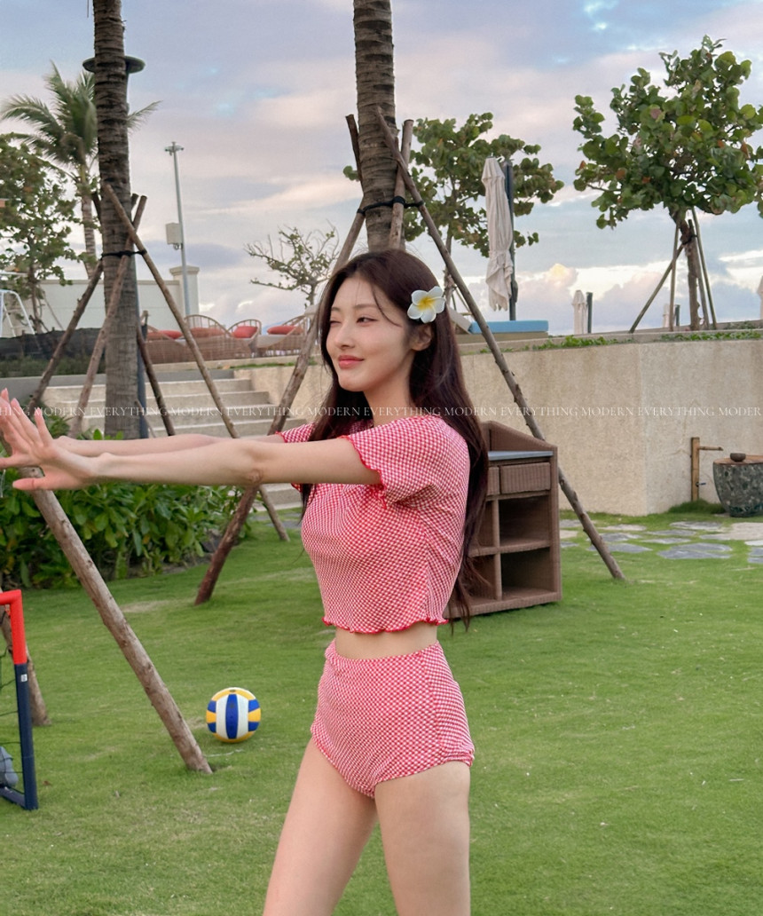 🍒진짜예쁨🍒/M-XL 체크 반팔 하이웨스트 커버업 비키니 유교걸 휴양지 투피스 빅사이즈 수영복 상세 이미지 27