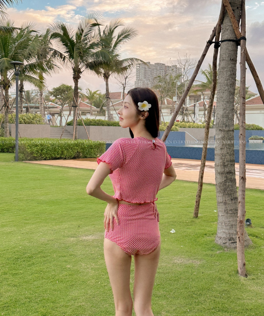 🍒진짜예쁨🍒/M-XL 체크 반팔 하이웨스트 커버업 비키니 유교걸 휴양지 투피스 빅사이즈 수영복 상세 이미지 38