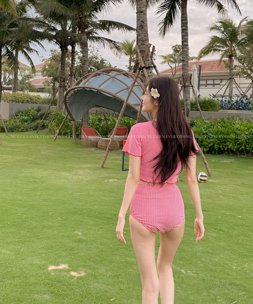 🍒진짜예쁨🍒/M-XL 체크 반팔 하이웨스트 커버업 비키니 유교걸 휴양지 투피스 빅사이즈 수영복 상세 이미지 26