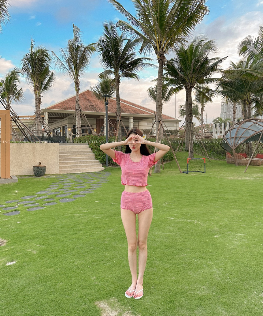 🍒진짜예쁨🍒/M-XL 체크 반팔 하이웨스트 커버업 비키니 유교걸 휴양지 투피스 빅사이즈 수영복 상세 이미지 15