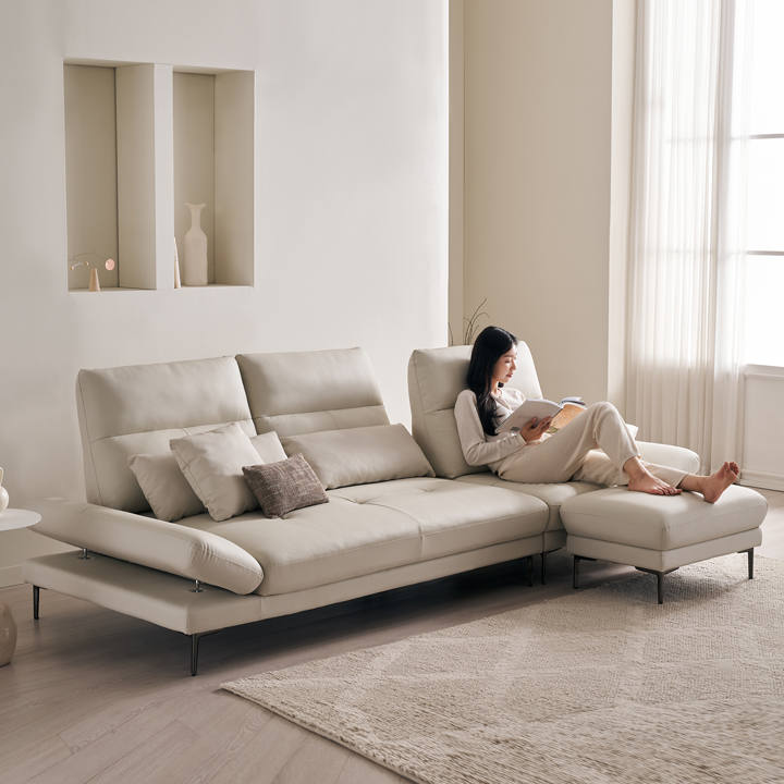 삼익가구 시그니처 천연면피 소가죽 스윙 소파 스툴포함, 아이보리, 4인용