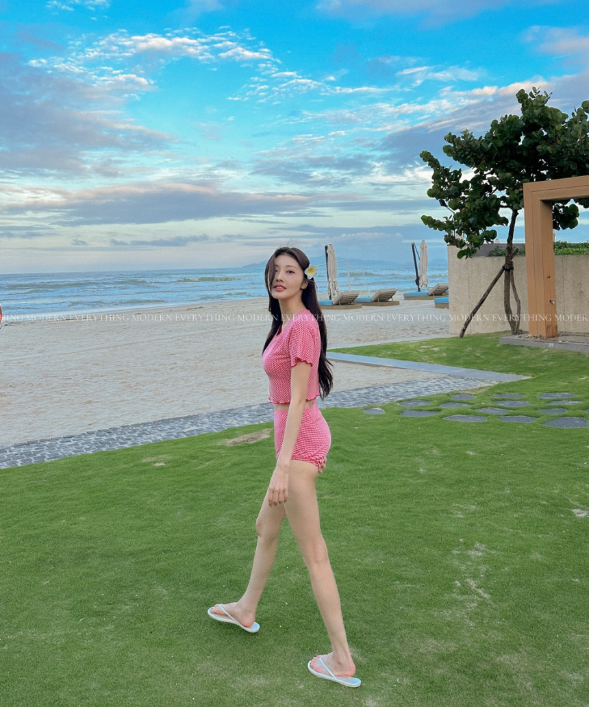 🍒진짜예쁨🍒/M-XL 체크 반팔 하이웨스트 커버업 비키니 유교걸 휴양지 투피스 빅사이즈 수영복 상세 이미지 9