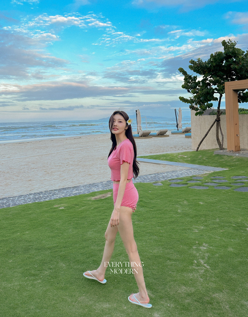 🍒진짜예쁨🍒/M-XL 체크 반팔 하이웨스트 커버업 비키니 유교걸 휴양지 투피스 빅사이즈 수영복 상세 이미지 2