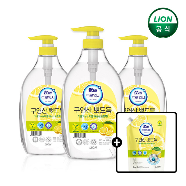 참그린 구연산뽀드득 주방세제 레몬향 1kg 3개+1.2L 리필 1개 증정