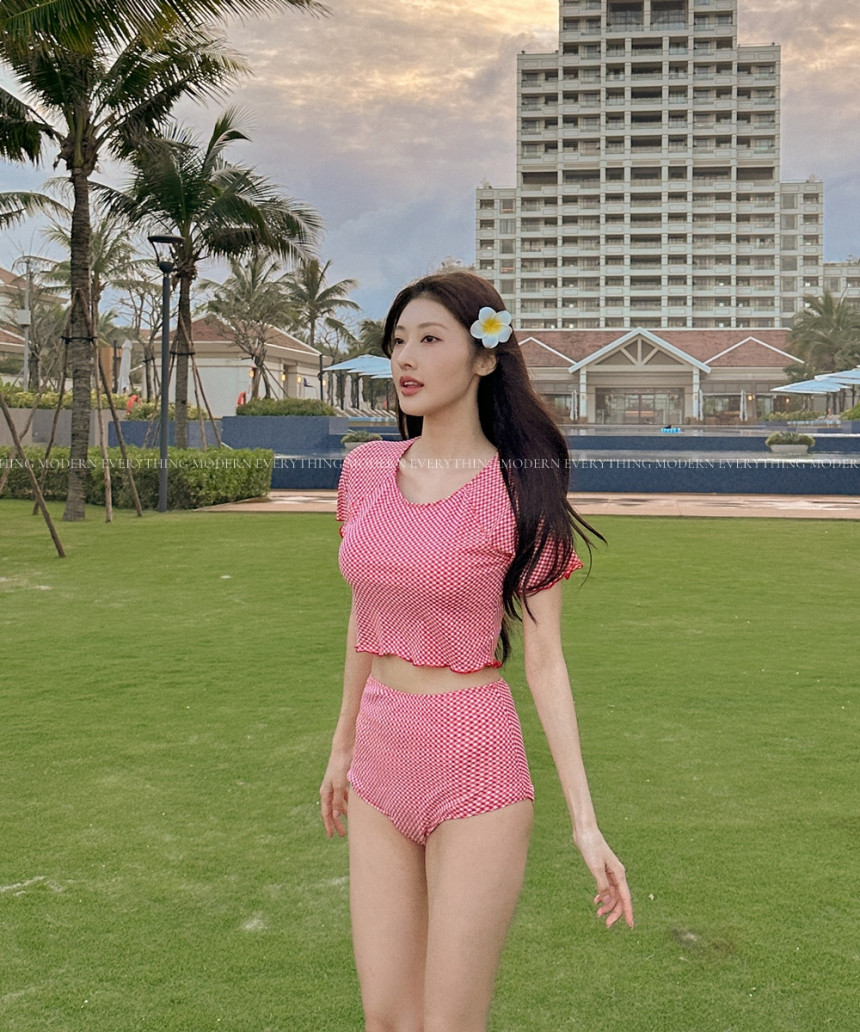 🍒진짜예쁨🍒/M-XL 체크 반팔 하이웨스트 커버업 비키니 유교걸 휴양지 투피스 빅사이즈 수영복 상세 이미지 20