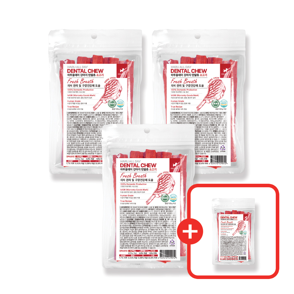3+1 하루올데이 강아지 덴탈츄 반려견 양치 치석 입냄새 제거 덴탈 껌 치태 소고기, 100g, 4개