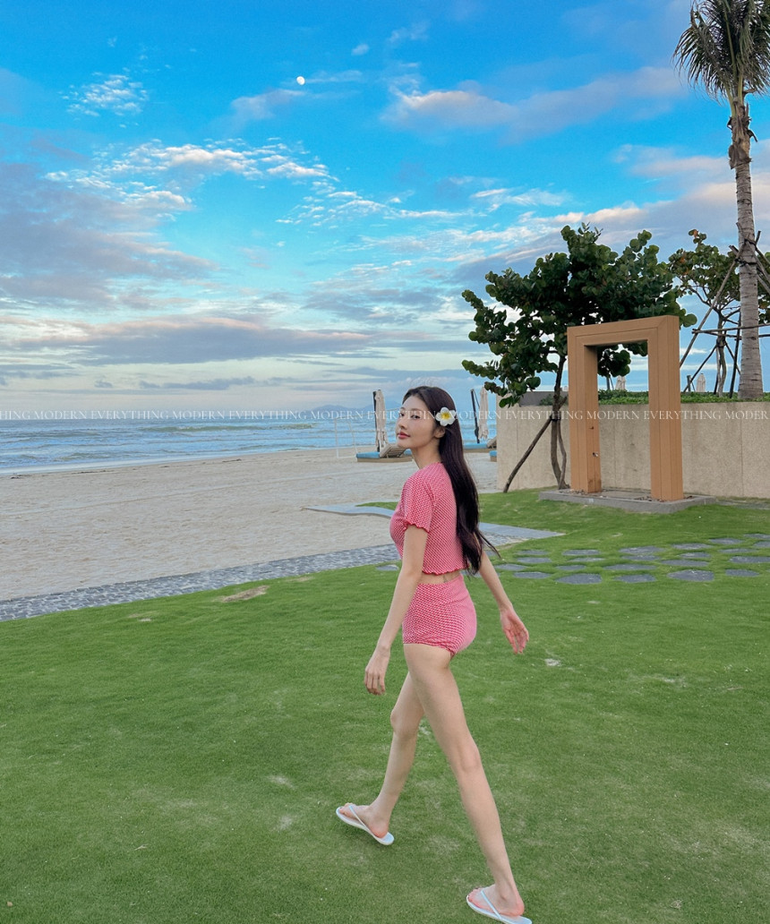 🍒진짜예쁨🍒/M-XL 체크 반팔 하이웨스트 커버업 비키니 유교걸 휴양지 투피스 빅사이즈 수영복 상세 이미지 8