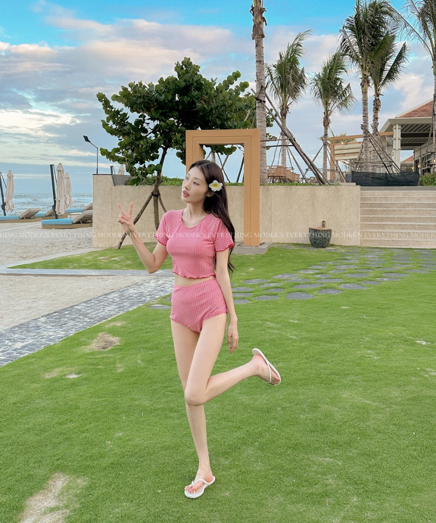 🍒진짜예쁨🍒/M-XL 체크 반팔 하이웨스트 커버업 비키니 유교걸 휴양지 투피스 빅사이즈 수영복 상세 이미지 12