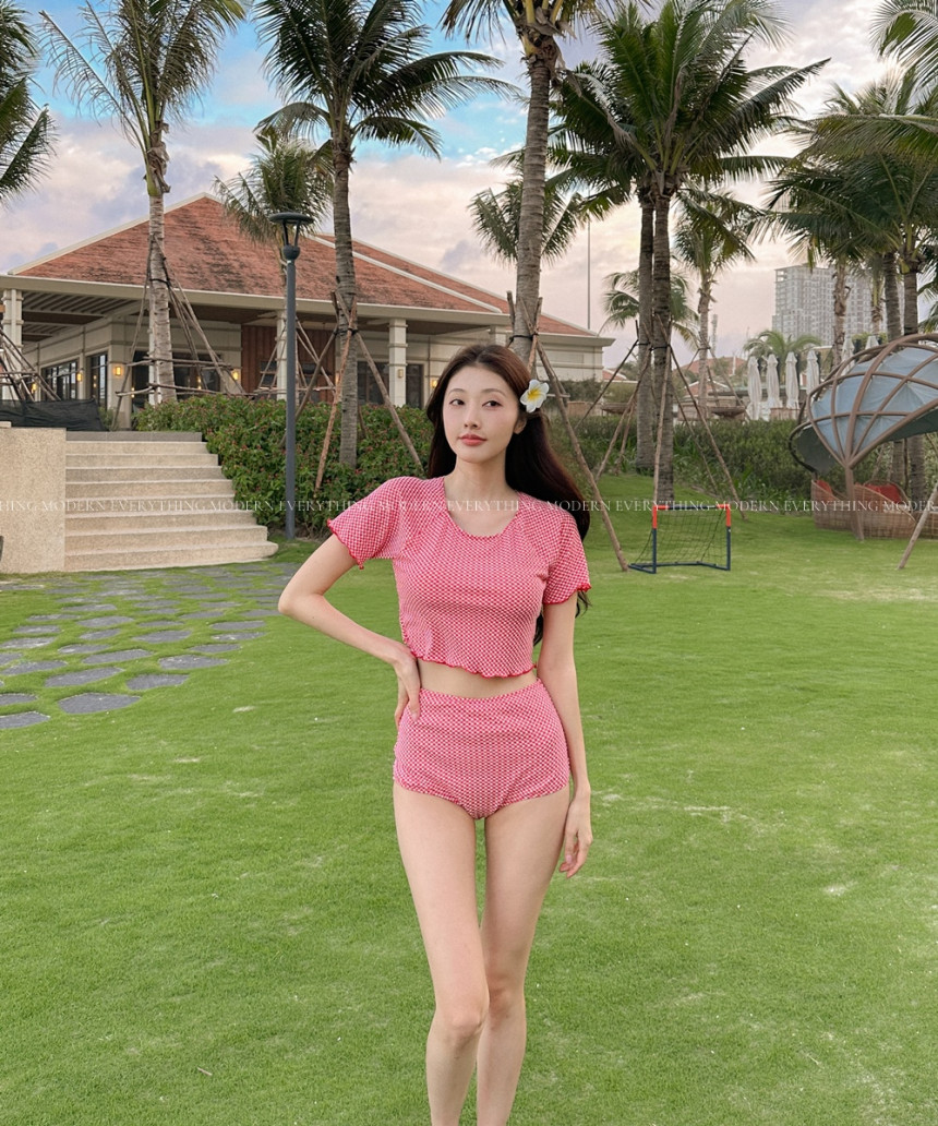 🍒진짜예쁨🍒/M-XL 체크 반팔 하이웨스트 커버업 비키니 유교걸 휴양지 투피스 빅사이즈 수영복 상세 이미지 16
