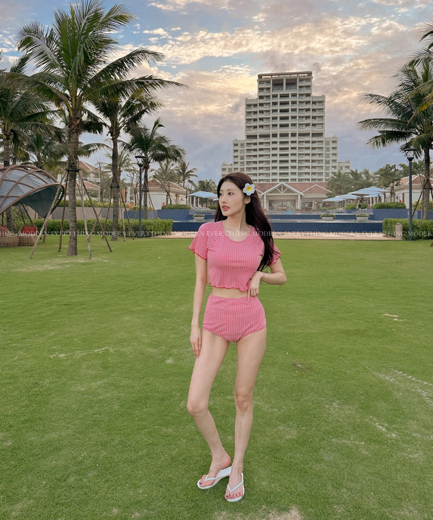 🍒진짜예쁨🍒/M-XL 체크 반팔 하이웨스트 커버업 비키니 유교걸 휴양지 투피스 빅사이즈 수영복 상세 이미지 19
