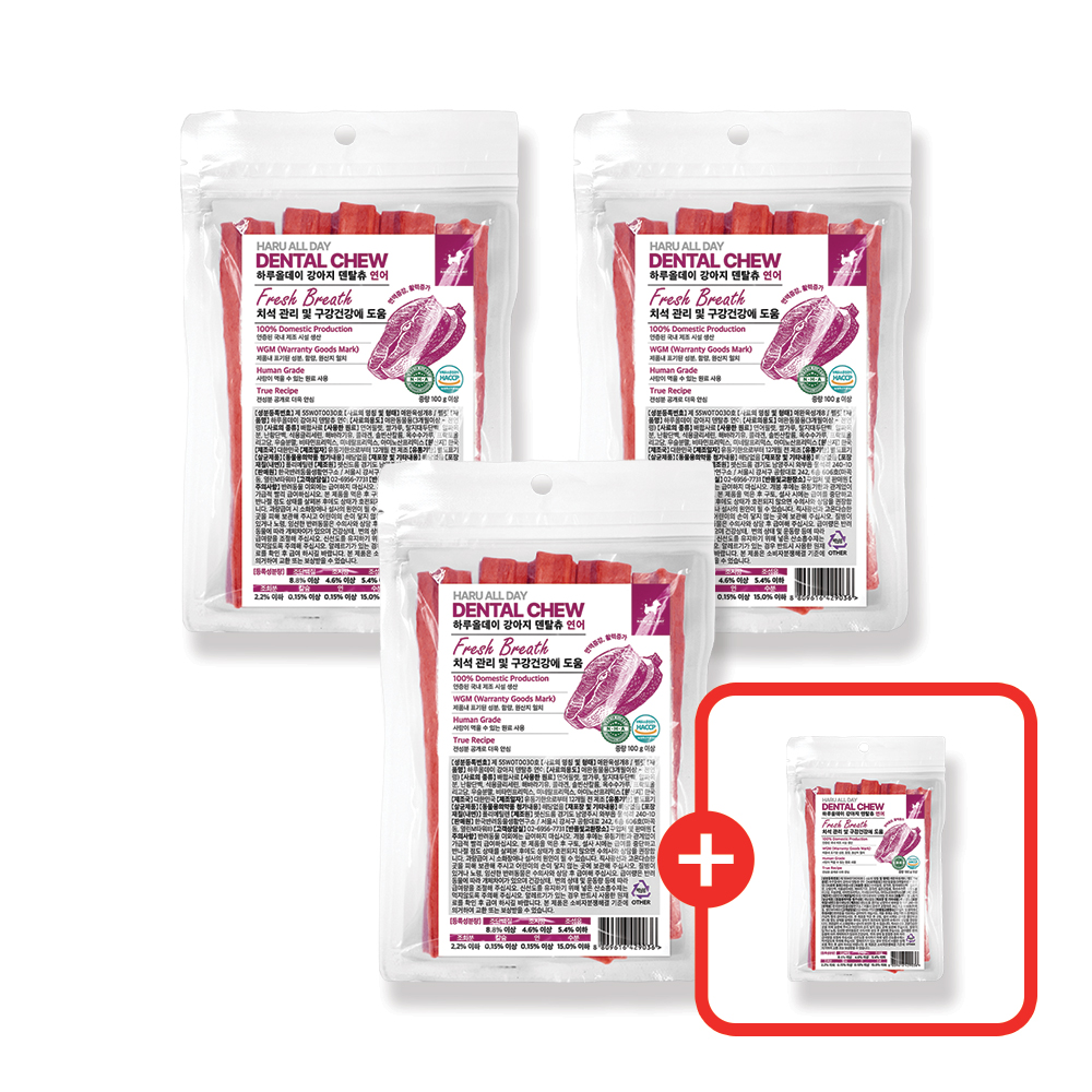 3+1 하루올데이 강아지 덴탈츄 반려견 양치 치석 입냄새 제거 덴탈 껌 치태 연어, 100g, 4개