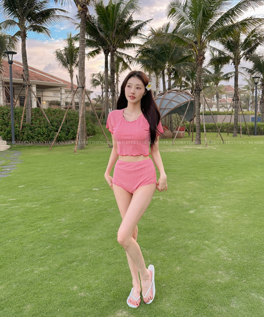 🍒진짜예쁨🍒/M-XL 체크 반팔 하이웨스트 커버업 비키니 유교걸 휴양지 투피스 빅사이즈 수영복 상세 이미지 17