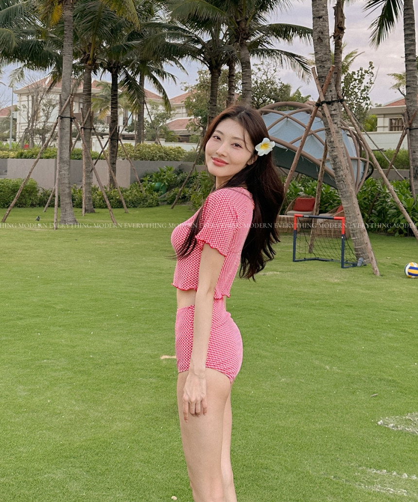 🍒진짜예쁨🍒/M-XL 체크 반팔 하이웨스트 커버업 비키니 유교걸 휴양지 투피스 빅사이즈 수영복 상세 이미지 25