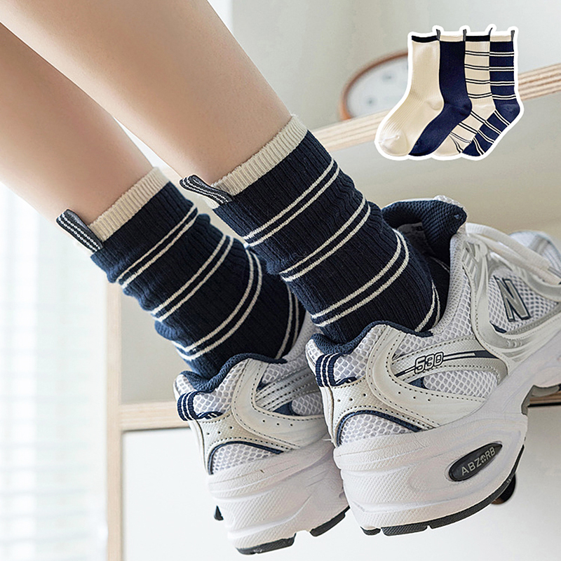 투톤 라벨 4종세트 여성 골지 스트라이프 줄무늬 끈 포인트 학생 양말