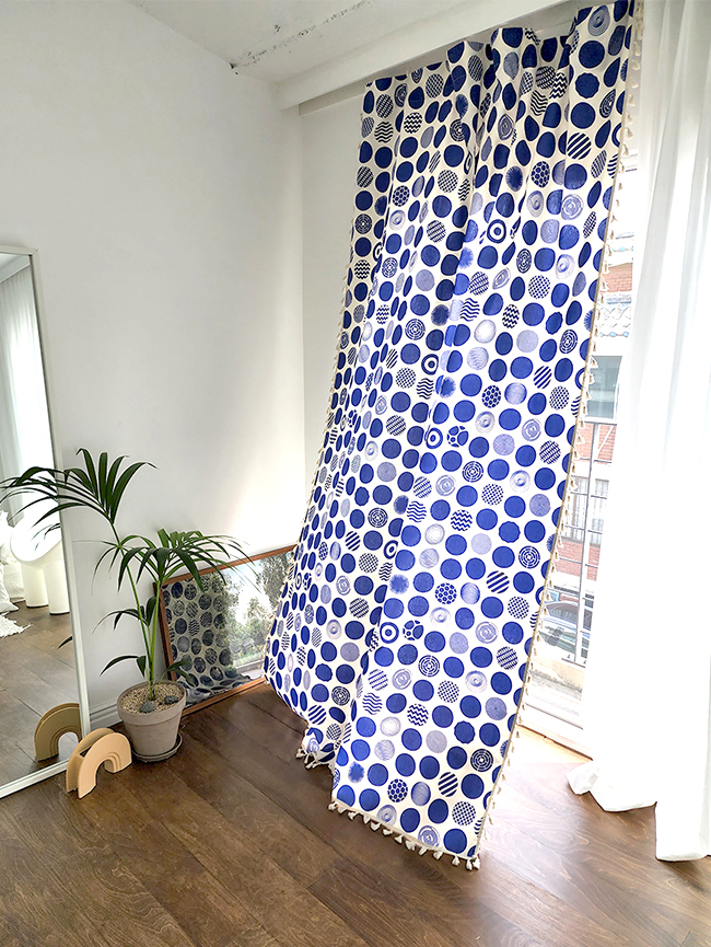 블랑쉬 블루기하학도트 술 린넨커튼130x240(1p)