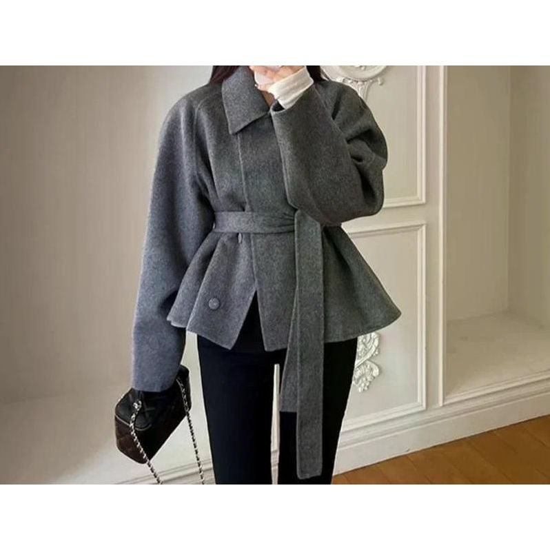 여친룩 긴소매 외투 여성용 통근 루즈핏 단추 스트랩 허리 겨울 고급 싱글 버튼 코트 자켓 노란색