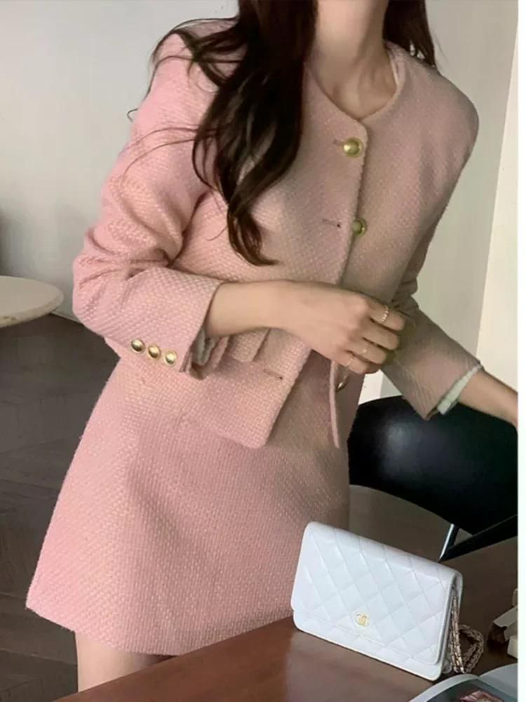 여친룩 패션 세트업 긴소매 라운드넥 두 조각 스타일리시 가을 겨울 신상 작은 향기 롱슬리브 원형넥 이중 M 살구색 코트 M - 상세 이미지 3