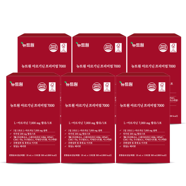 뉴트원 아르기닌 프리미엄 L 7000mg 아르지닌 타우린 아연 15포, 6개