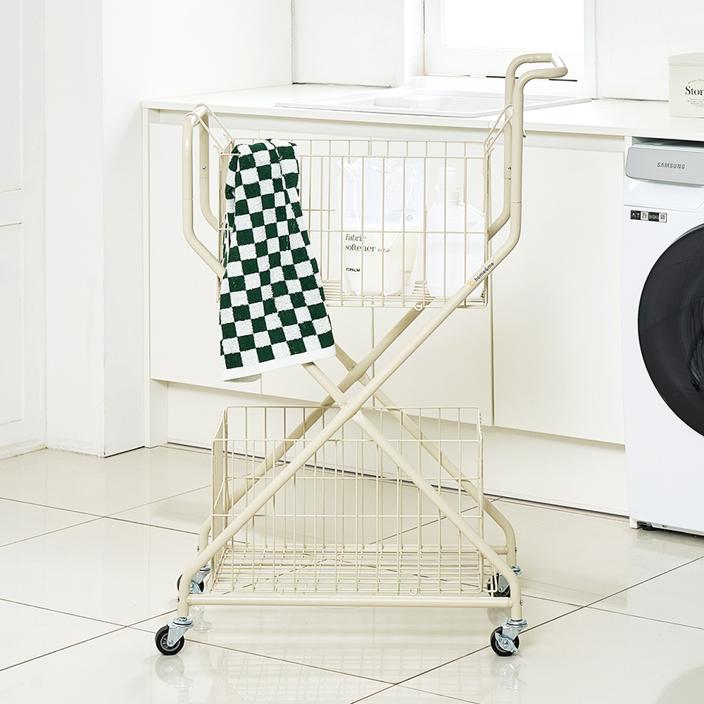 홈앤미 튼튼한 이동식 2단 세탁 빨래바구니 트롤리