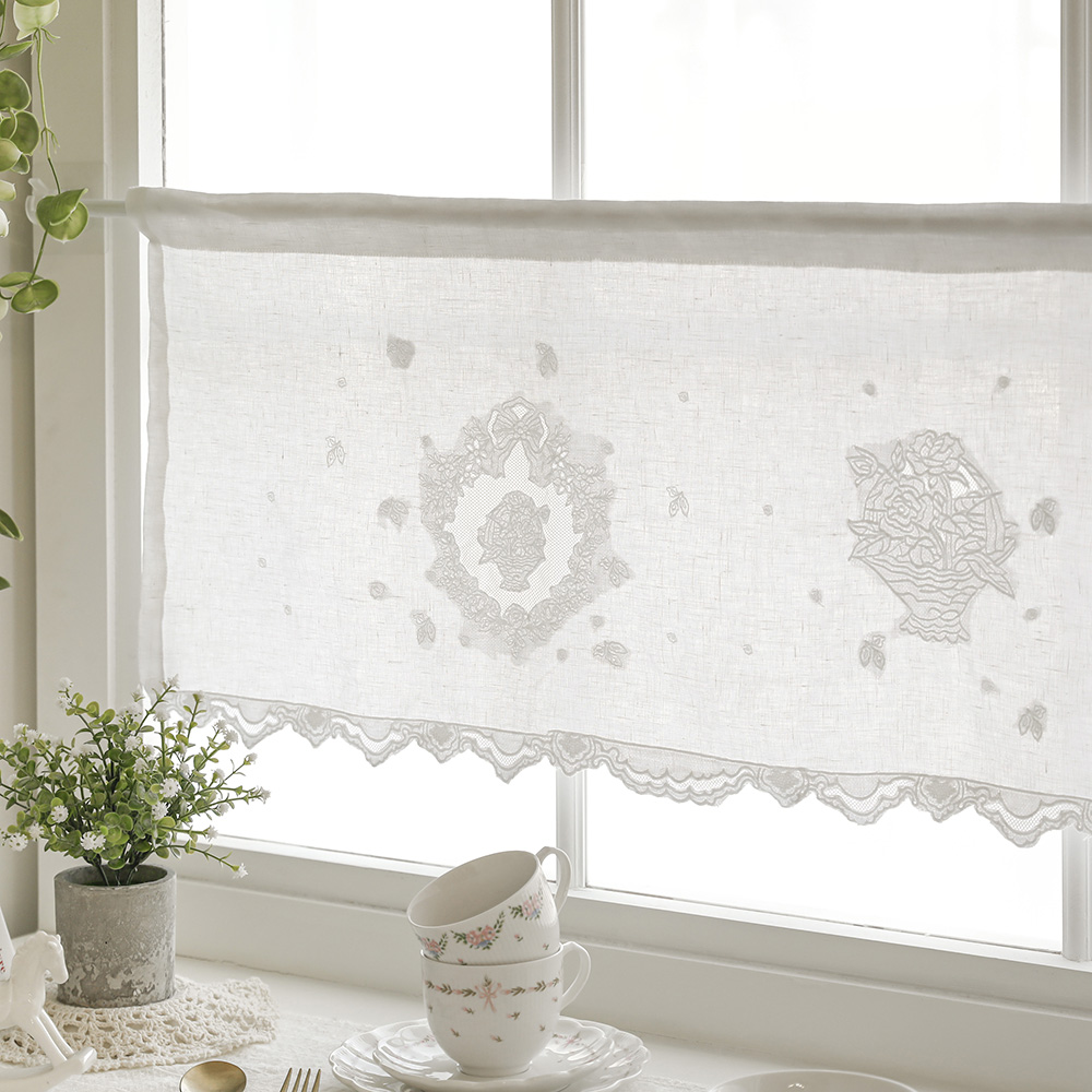 안나 프렌치 린넨 자수 주방 바란스 커튼 창문 쪽창 레이스 가리개