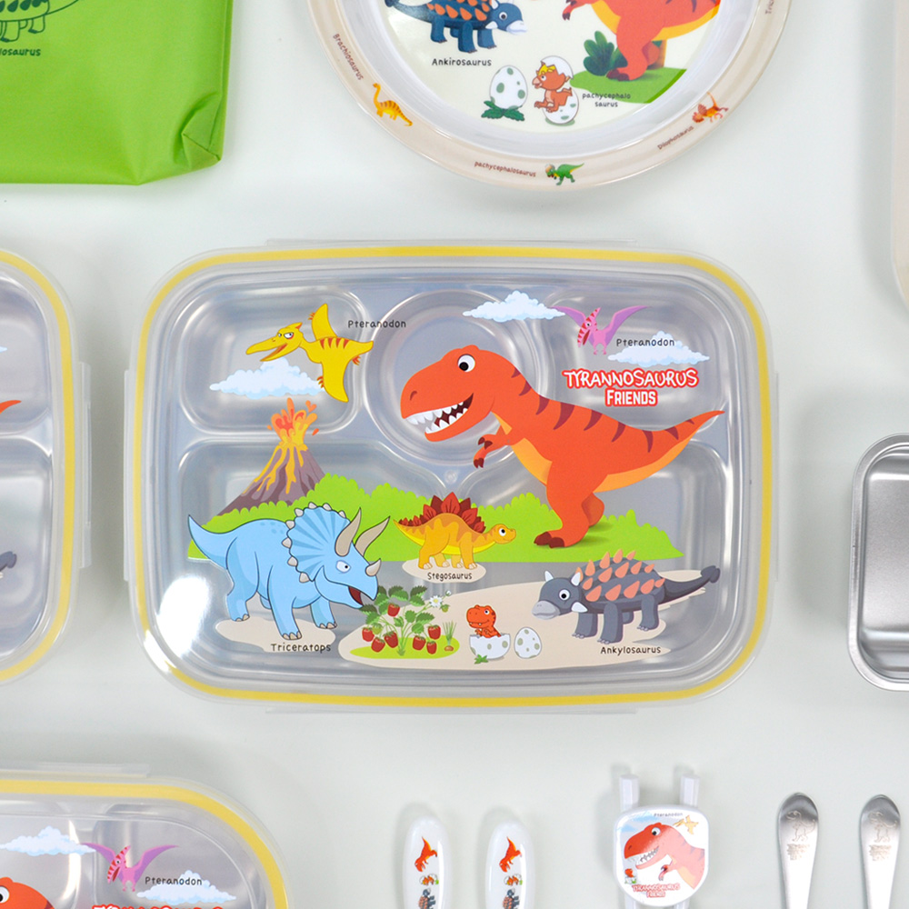 키친유 티라노 스텐304 깊은 국산 식판 도시락세트 아동 유아 어린이집 공룡 뚜껑 식판