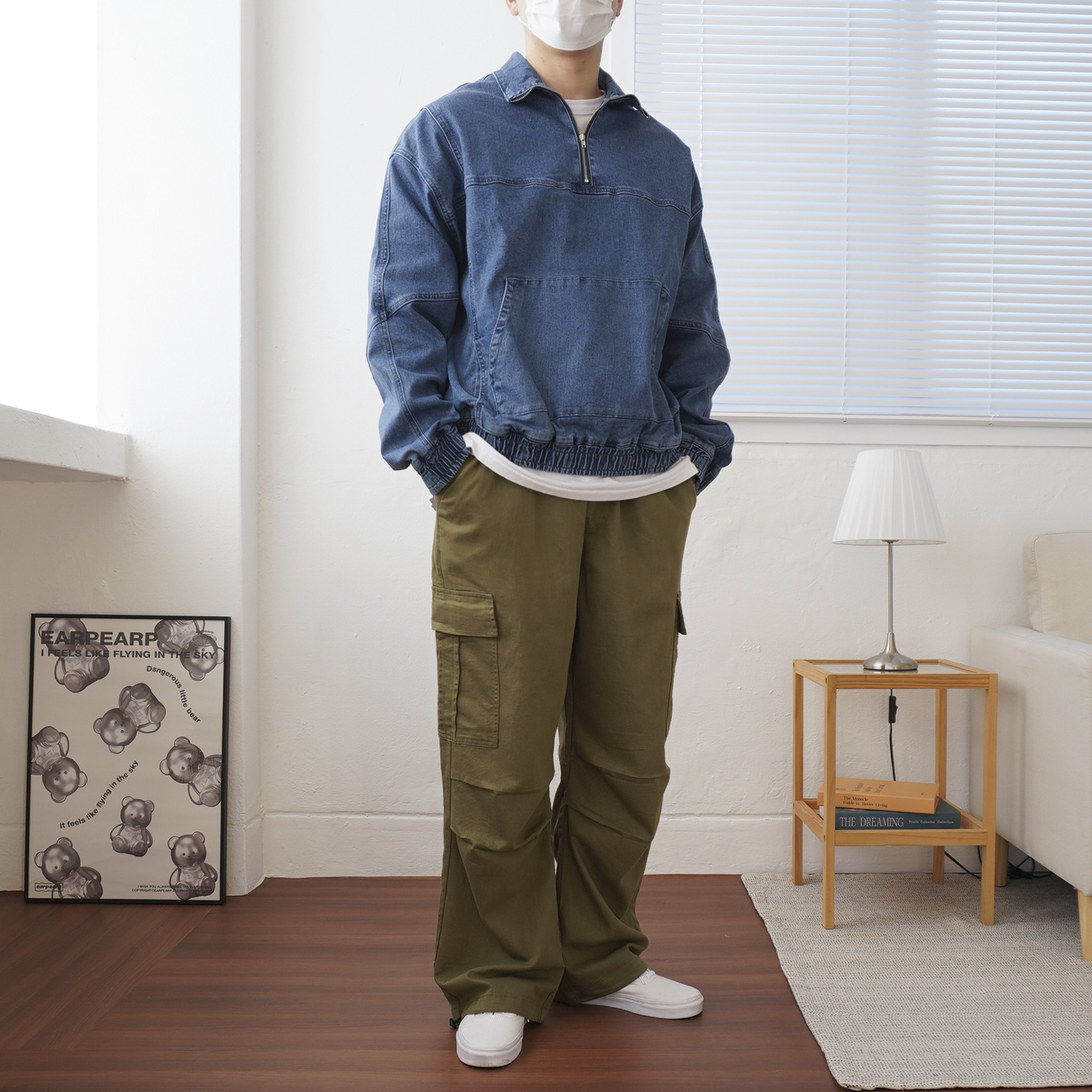 남자 절개 드롭숄더 카라 오버핏 반집업 데님자켓 아노락 빈티지 청자켓 2color - 상세 이미지 3