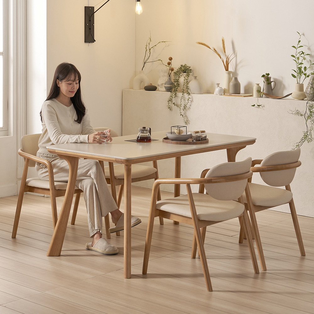 하모니 4인용 테이블 원목 포세린 세라믹 식탁세트 식탁+의자4, 1400mm, 쿠키