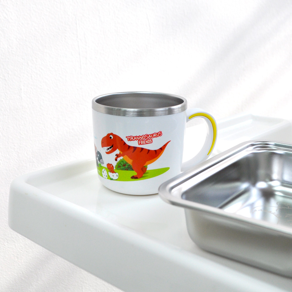 키친유 티라노 논슬립 스텐304 뚜껑 손잡이컵 국산 양치컵 자기주도 공룡 머그 280ml