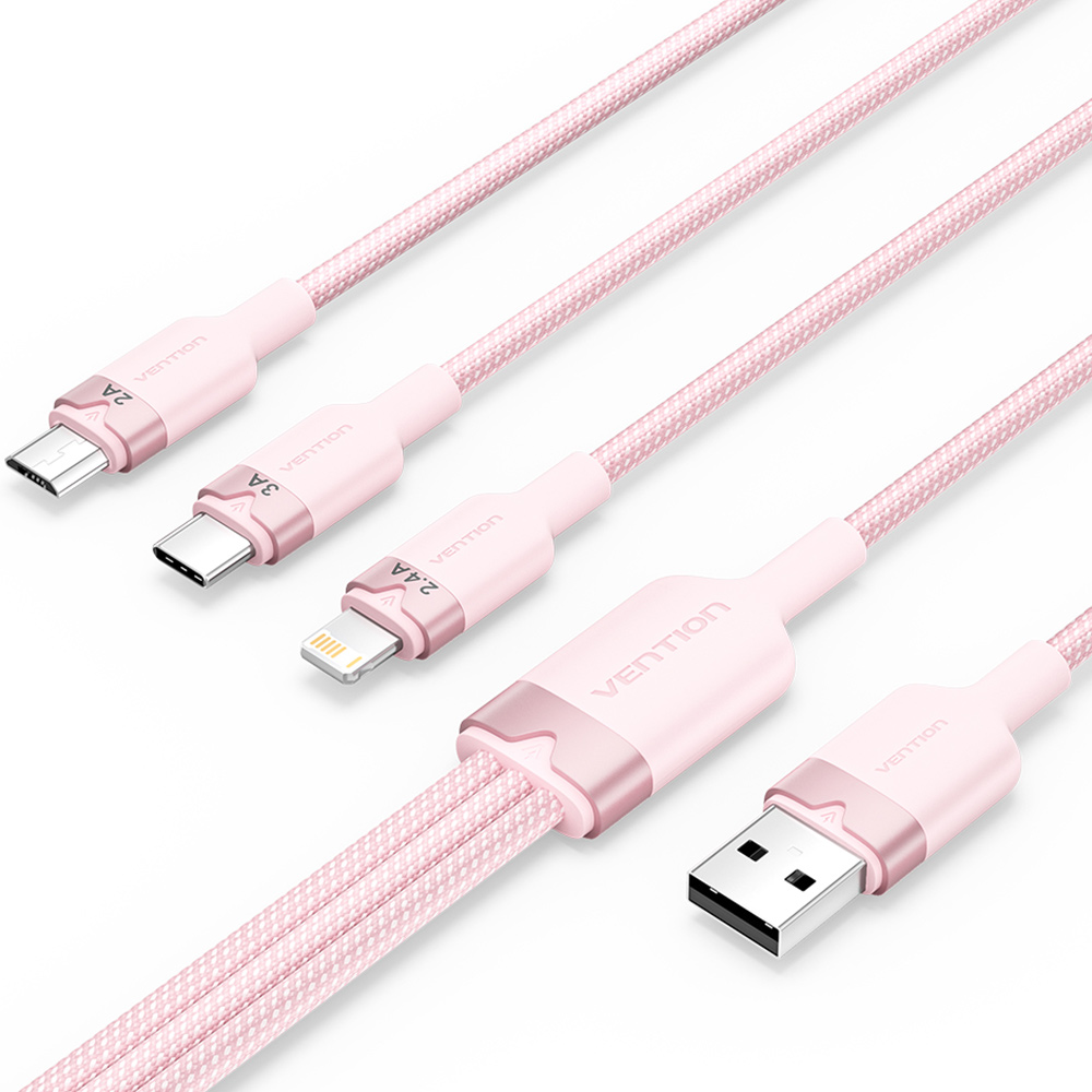 벤션 3in1 USB to 2 C타입 8핀 멀티 충전케이블 CTP 핑크, 1개, 1.5m - 상품 이미지