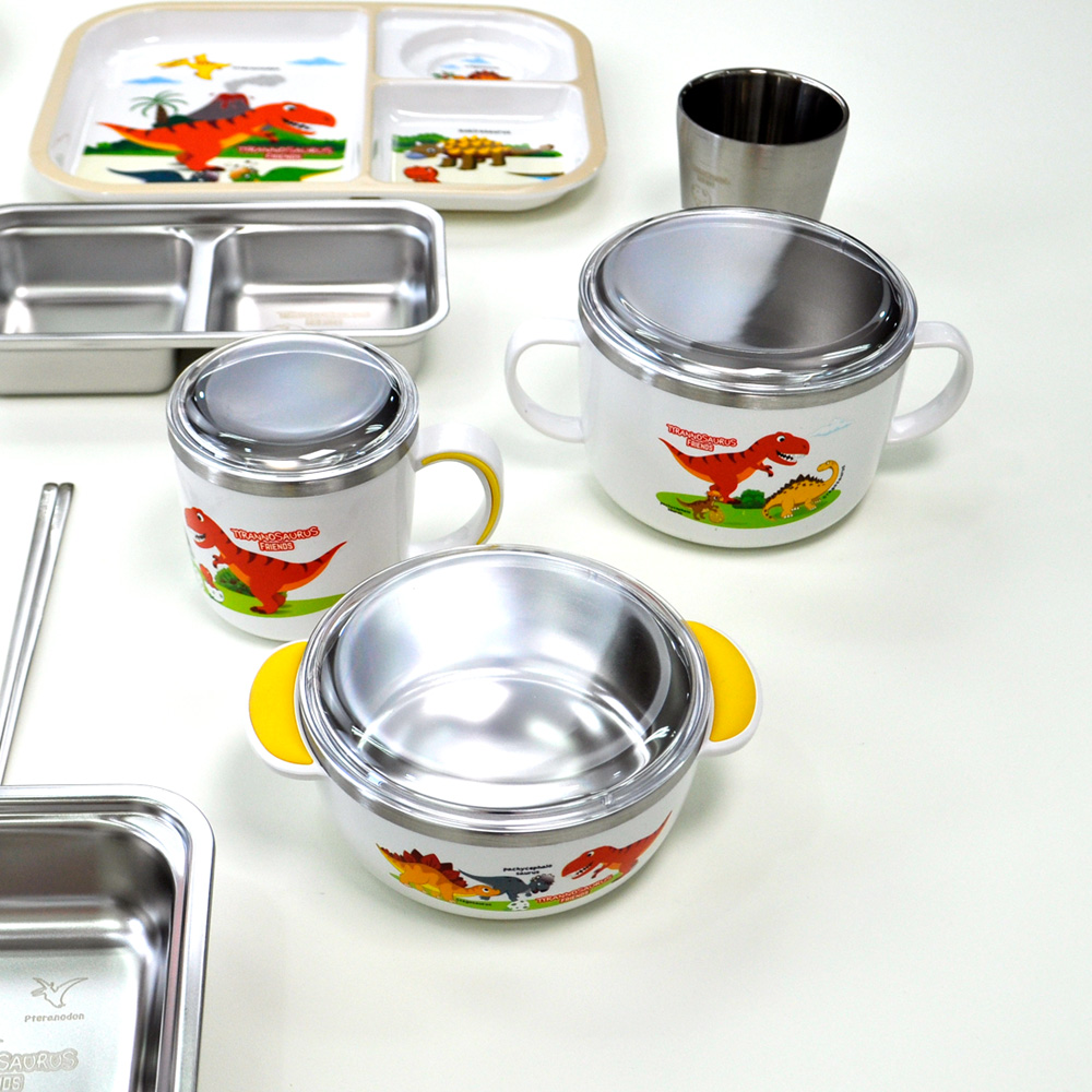 키친유 티라노 논슬립 스텐304 뚜껑 손잡이컵 국산 양치컵 자기주도 공룡 머그 280ml