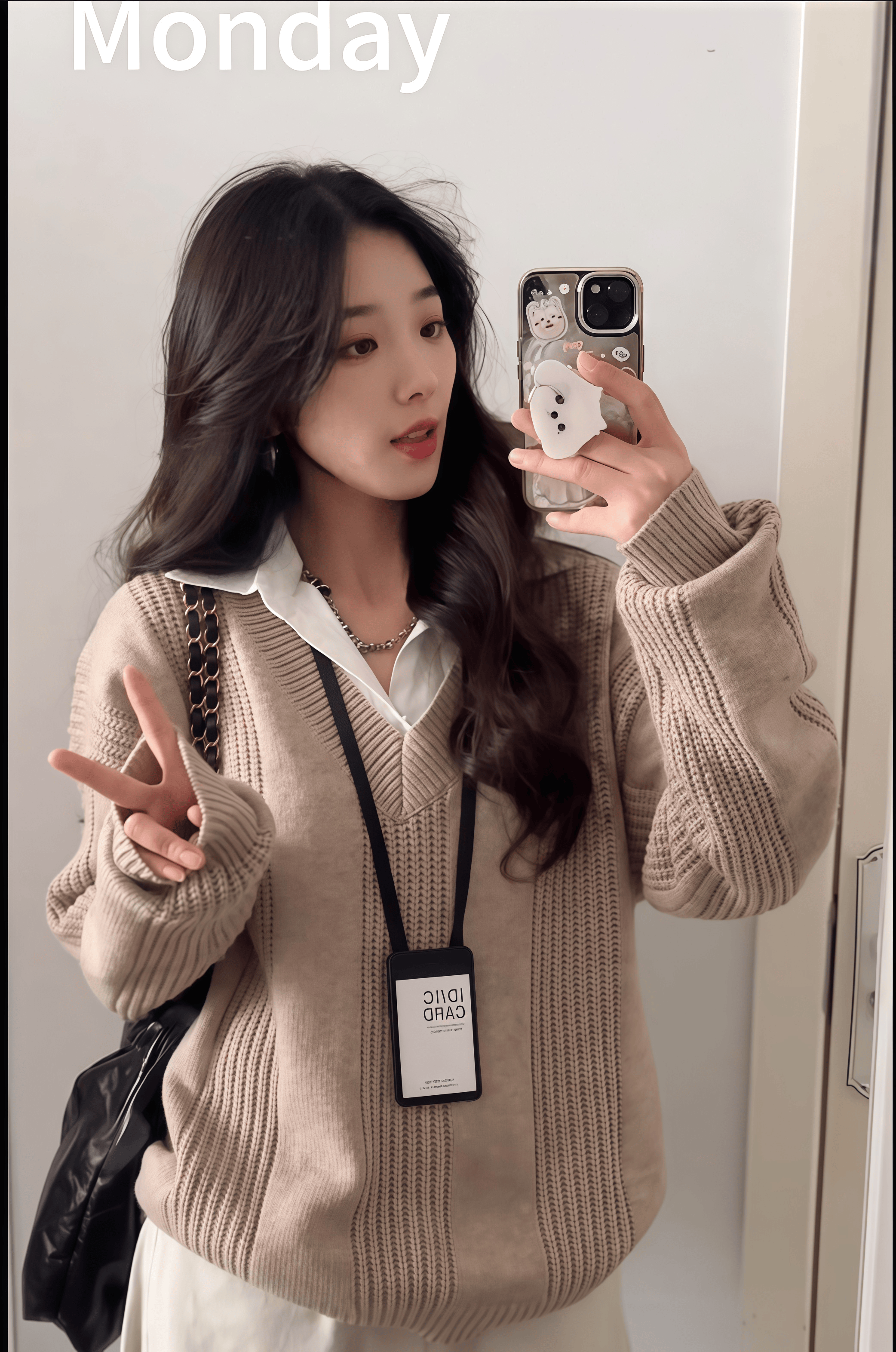 봄 여성 브이넥 골지니트 레이어드 티셔츠 하이웨스트 데님 바지 쓰리피스 - 상세 이미지 2