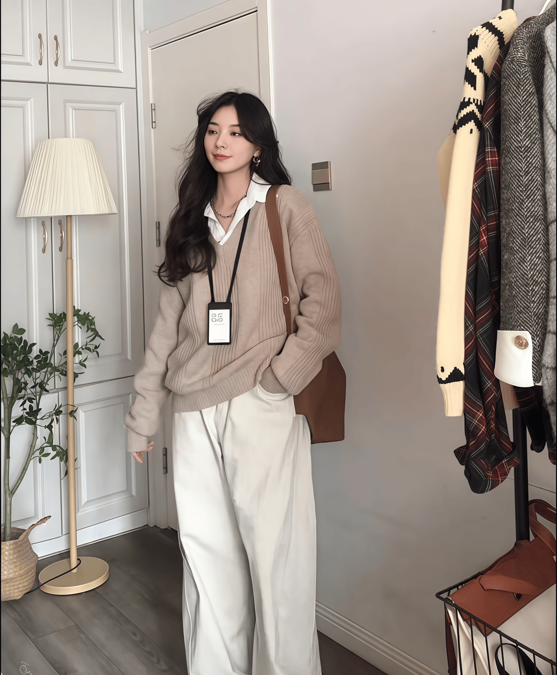 봄 여성 브이넥 골지니트 레이어드 티셔츠 하이웨스트 데님 바지 쓰리피스 - 상세 이미지 3