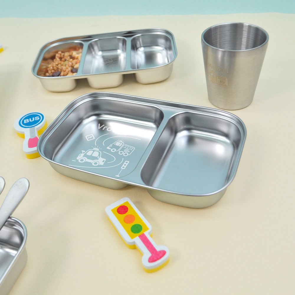 키친유 부릉부릉 스텐 304 2구 나눔접시 아동 어린이 유치원 자기주도 자동차 간식 그릇