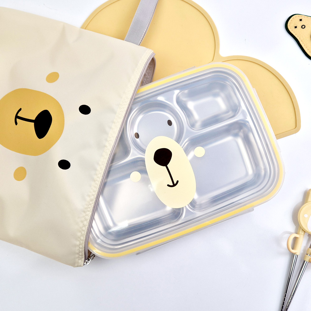 키친유 퍼니베어 스텐304 국내생산 깊은 뚜껑 식판 도시락 가방 세트 곰돌이 아동 어린이 - 메인 이미지