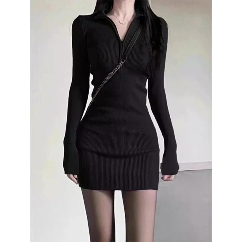 여친룩 데이트룩 니트 스커트 패션 여성 가을 겨울 짧은 힙걸이 드레스 여성용 내의 블랙 원피스 L (55-60kg)